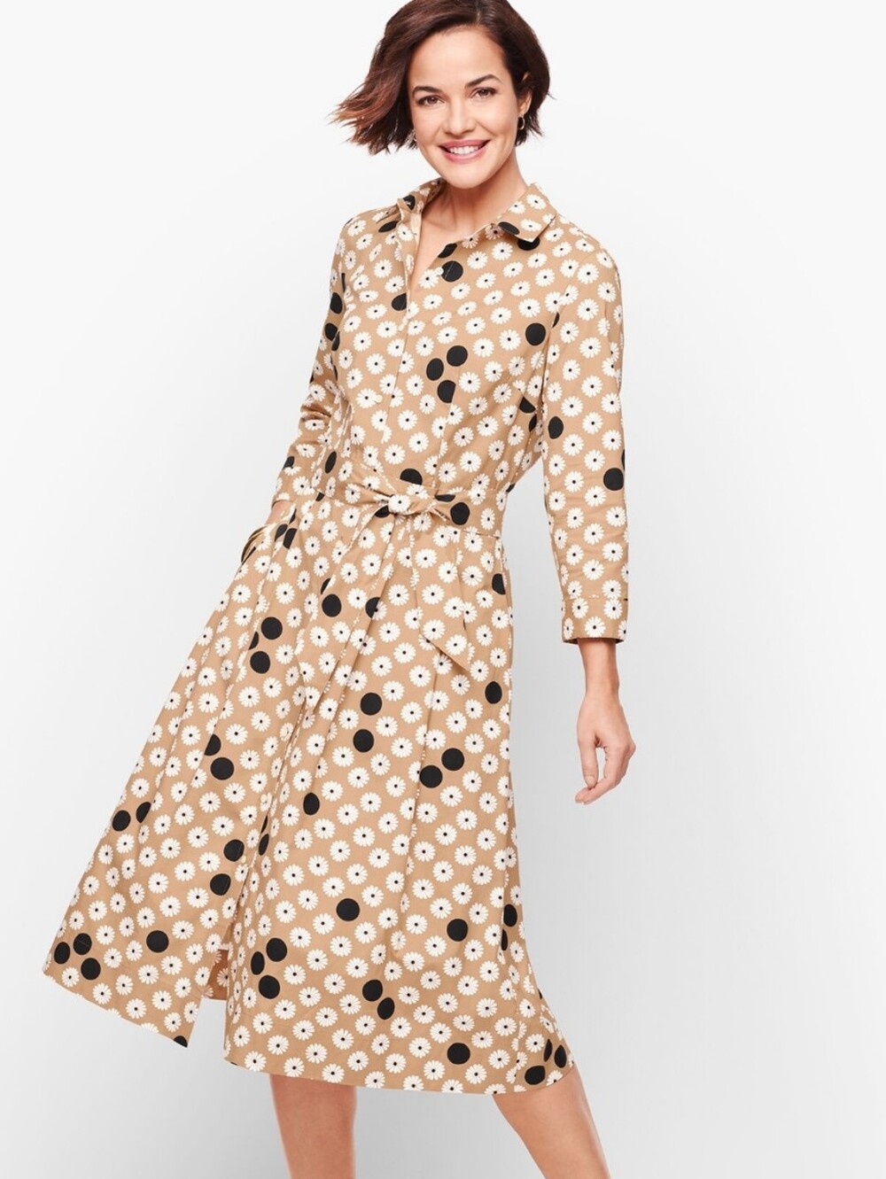 Talbot's Floral Dot Poplin Cotton Shirt Midi Dress Tan Black & White Size 14